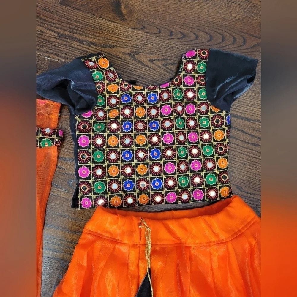 Girls Orange Chaniya Choli Lehenga Set w/ Mirror Work + Dupatta (5-6Y)